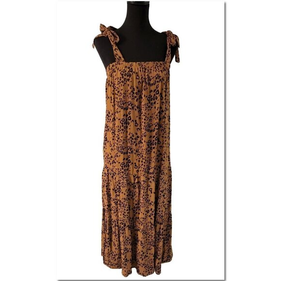 NWOT FRENCH GREY Maxi Dress w Shoulder Ties Brown & Black Animal Print Size M - Picture 1 of 14